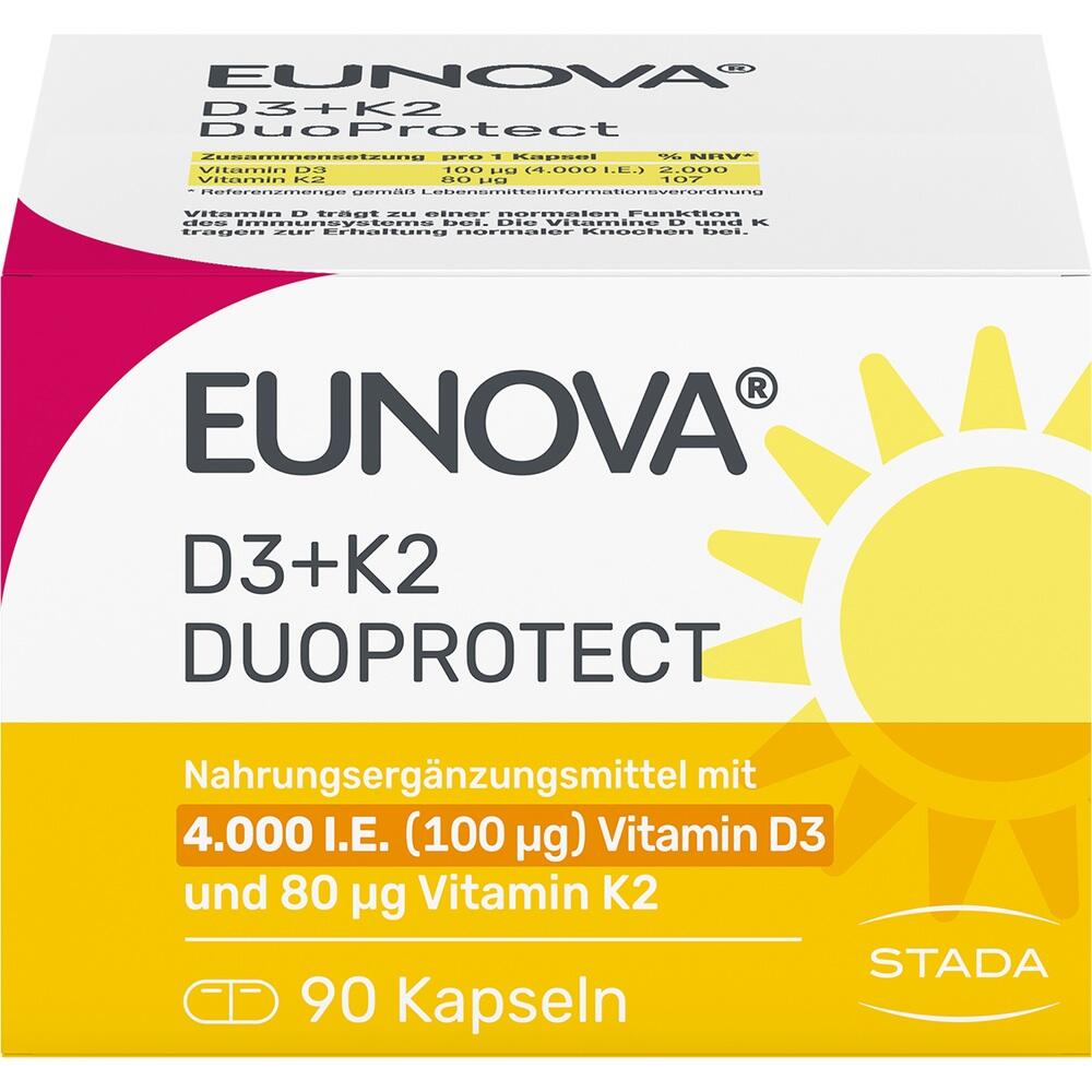 Eine Packung mit Vitamin D3 und K2 Kapseln von Eunova.