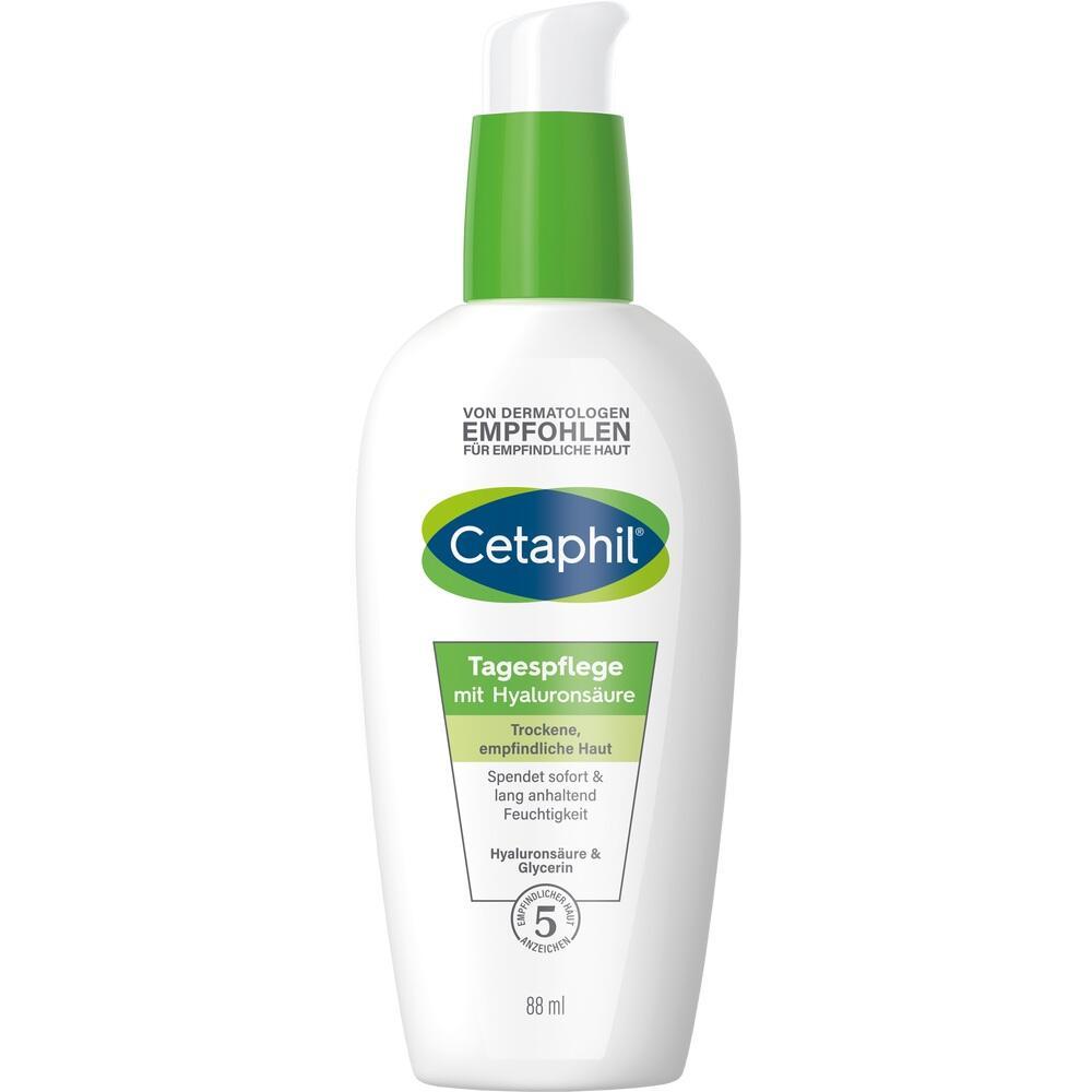 Weiße Cetaphil-Pflegeflasche mit grünem Deckel gegen trockene Haut.