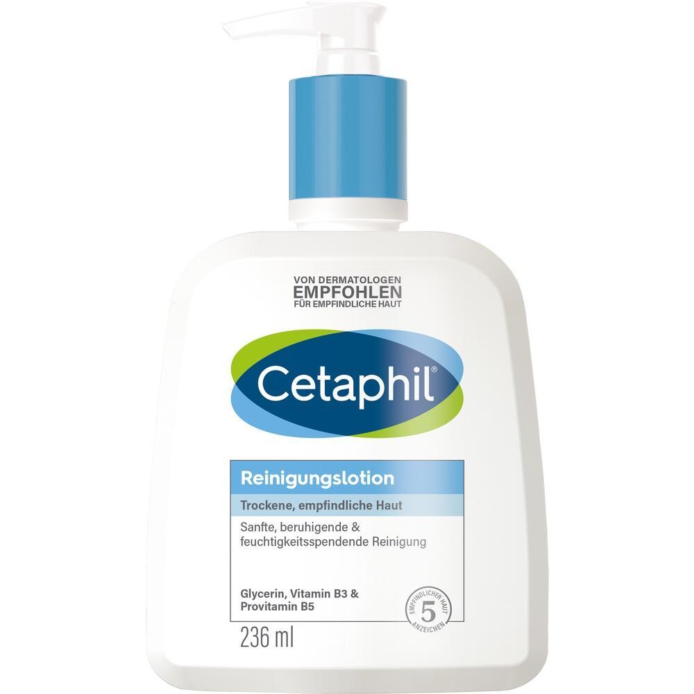Wei&szlig;e Flasche mit blauem Spenderkopf und der Aufschrift "Cetaphil Reinigungslotion".
