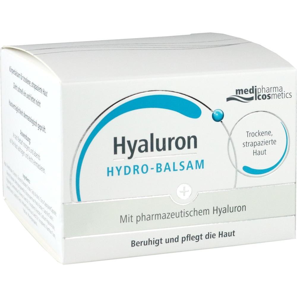 Eine wei&szlig;e Box mit der Aufschrift "Hyaluron Hydro-Balsam" f&uuml;r trockene Haut.