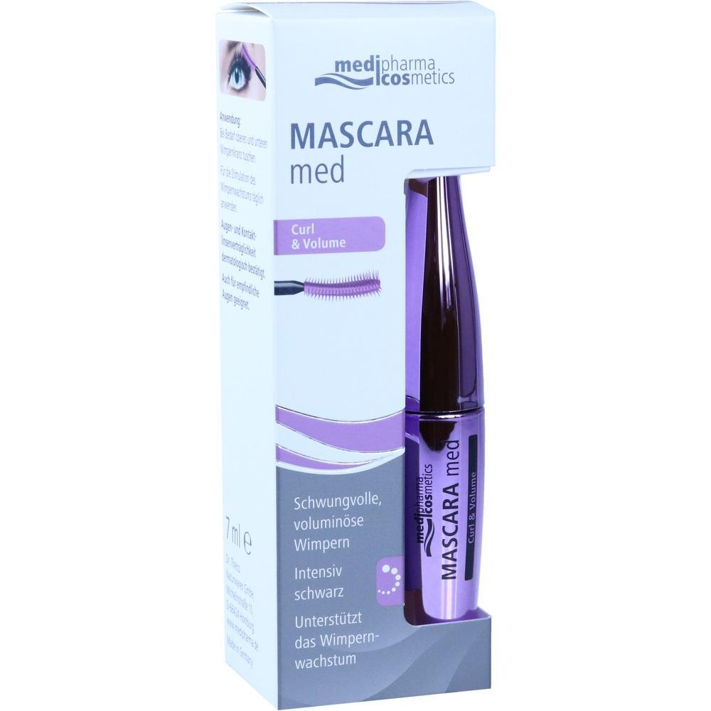 Lila Mascara-Verpackung mit Schriftzug "Mascara med" und einem Mascara-Fl&auml;schchen darin.