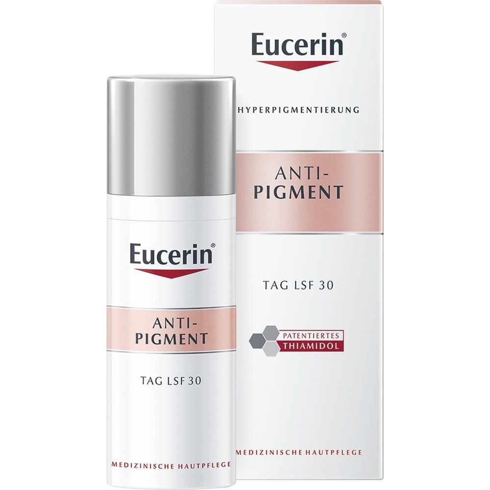 Eine wei&szlig;e Flasche und Schachtel eines Eucerin Anti-Pigment Produkts mit LSF 30.