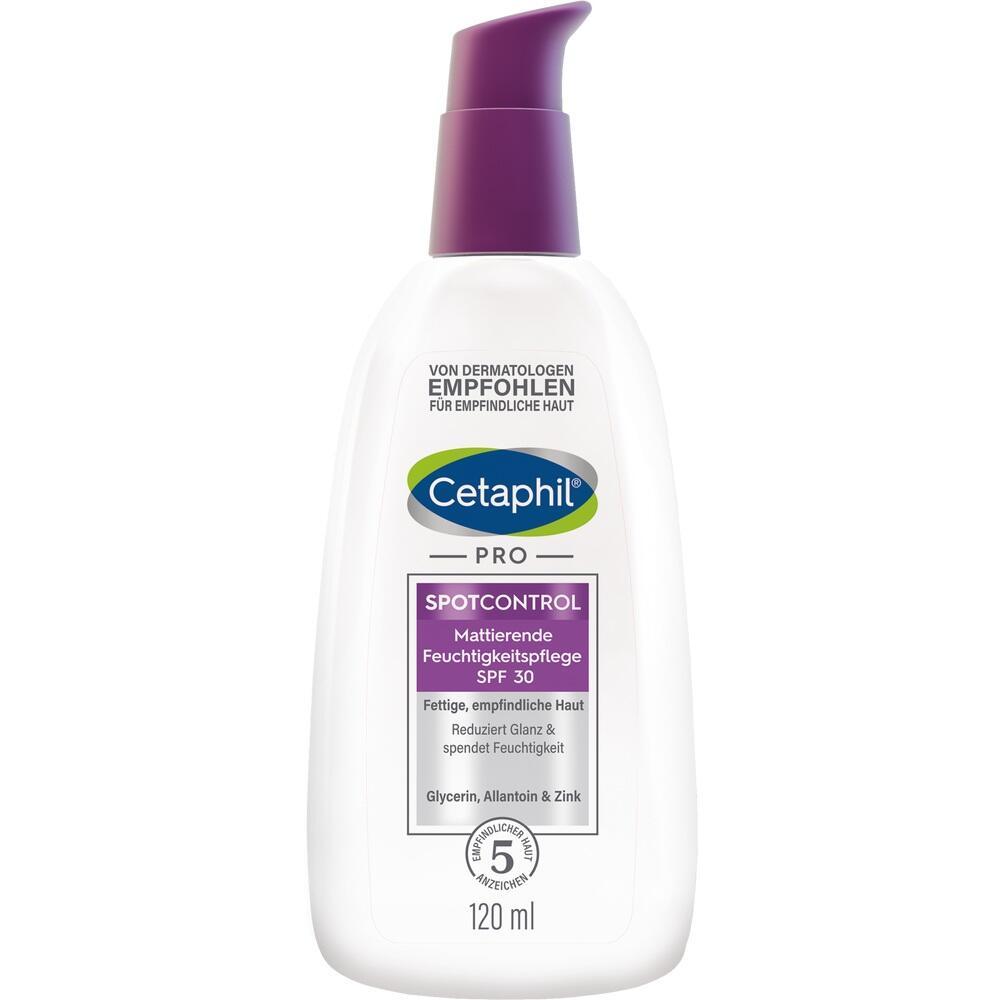 Wei&szlig;e Flasche Cetaphil Feuchtigkeitspflege mit lila Verschluss, SPF 30, 120 ml.