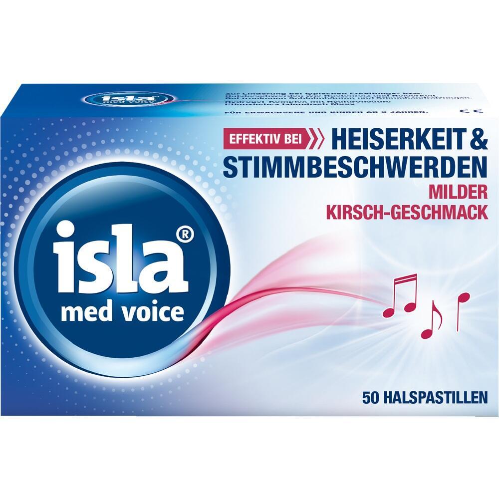 Verpackung von Isla med voice Halspastillen mit Kirschgeschmack zur Linderung von Heiserkeit.