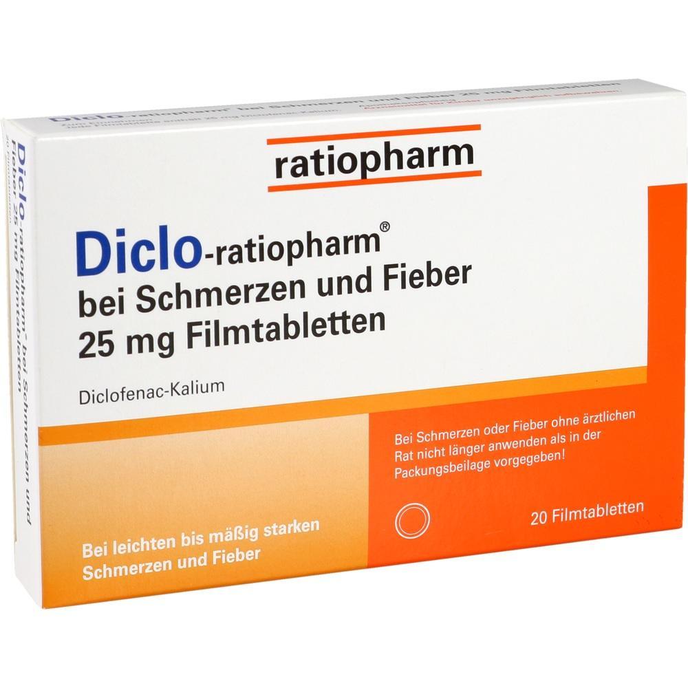 Packung Diclo-ratiopharm Filmtabletten gegen Schmerzen und Fieber, 25 mg, 20 St&uuml;ck.
