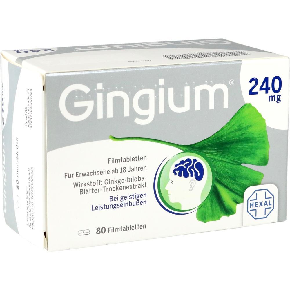 Packung von Gingium-Tabletten f&uuml;r geistige Leistungsf&auml;higkeit mit Ginkgo-Extrakt.