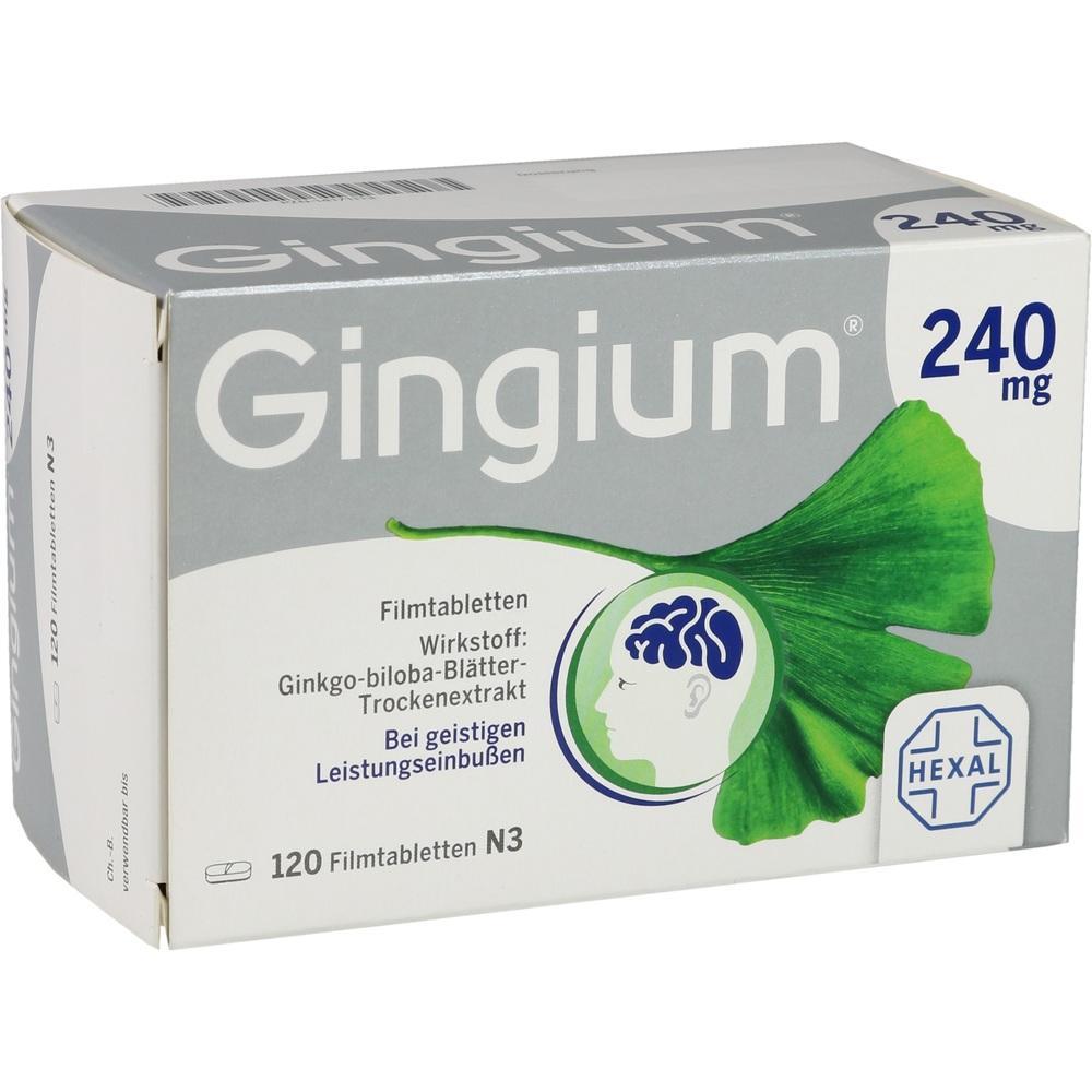 Packung mit Ginkgo-Blatt und Gehirn-Symbol, 240 mg, 120 Filmtabletten von Hexal.