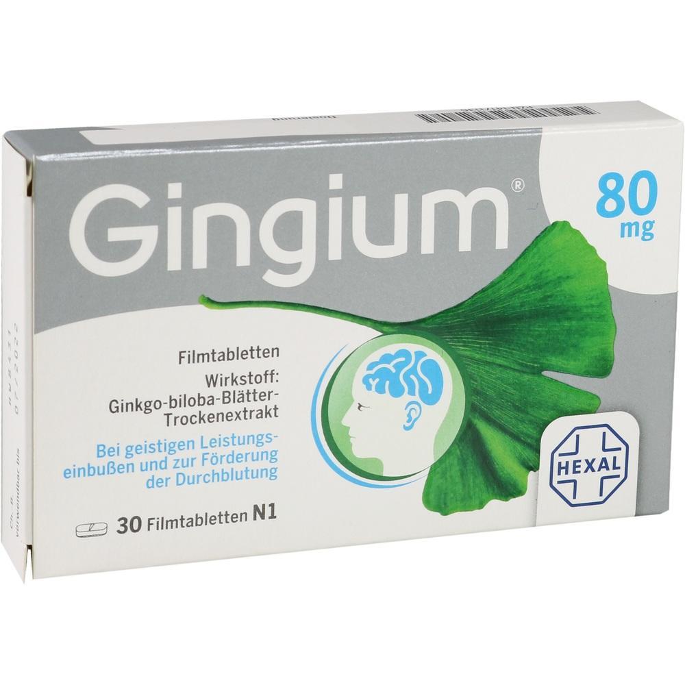 Packung mit Gingium 80 mg Tabletten zur Unterst&uuml;tzung der geistigen Leistungsf&auml;higkeit.