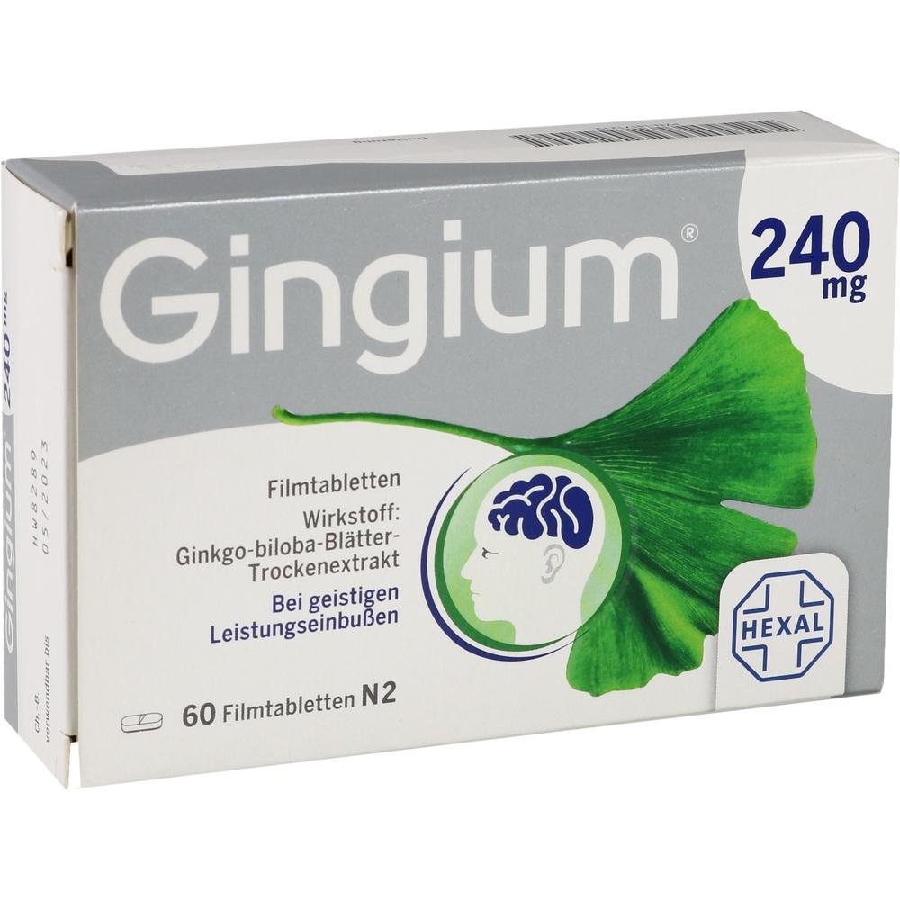 Packung von Gingium 240 mg mit gr&uuml;nem Ginkgo-Blatt und einem Gehirnsymbol.