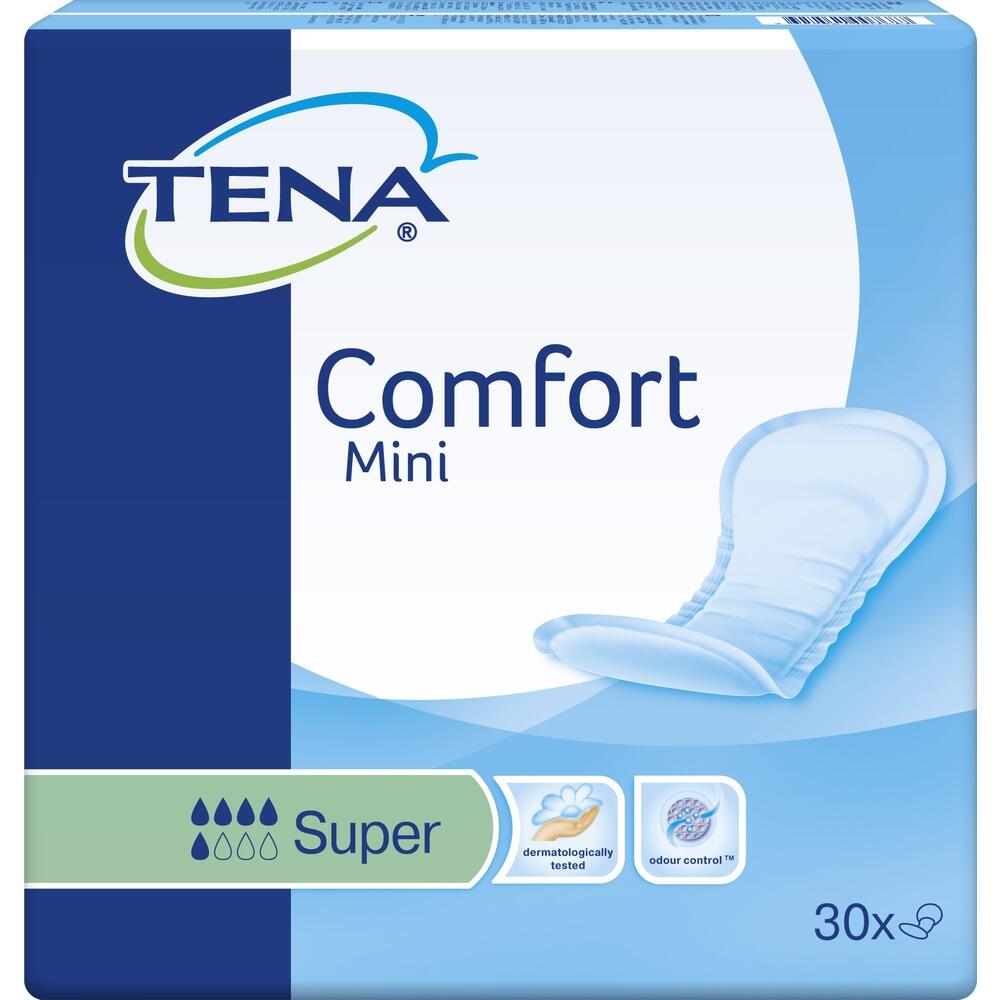 Packung mit TENA Comfort Mini Binden, 30 St&uuml;ck, super saugf&auml;hig.