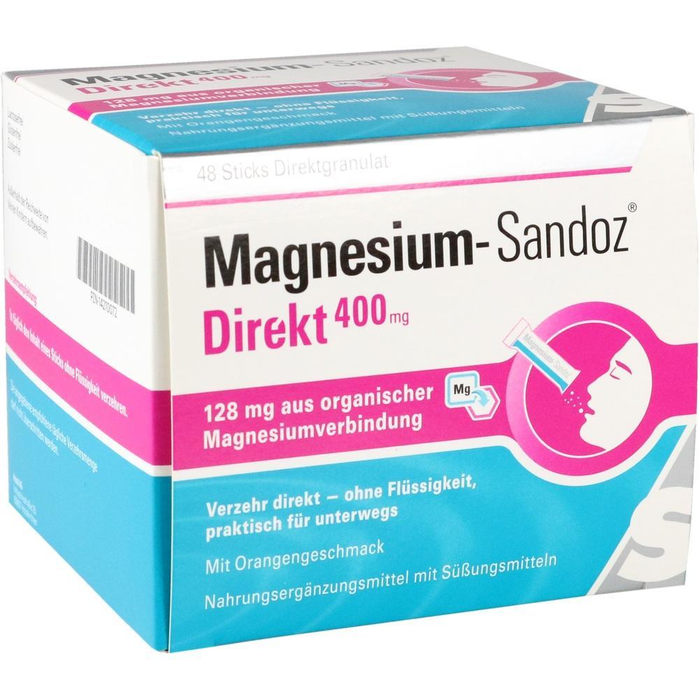 Eine Packung Magnesium-Sandoz Direkt 400 mg in pink und blau.