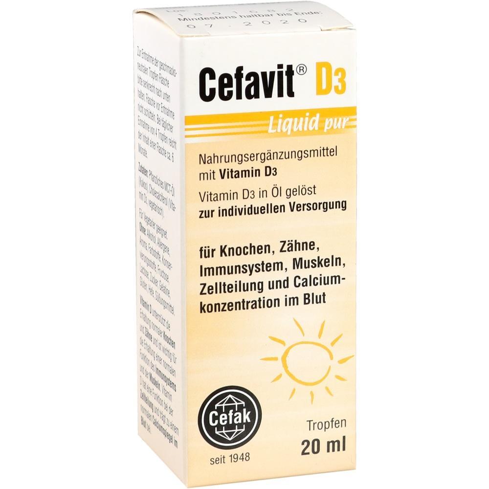 Eine gelbe Packung mit Vitamin D3 Tropfen f&uuml;r Gesundheit von Knochen und Immunsystem.