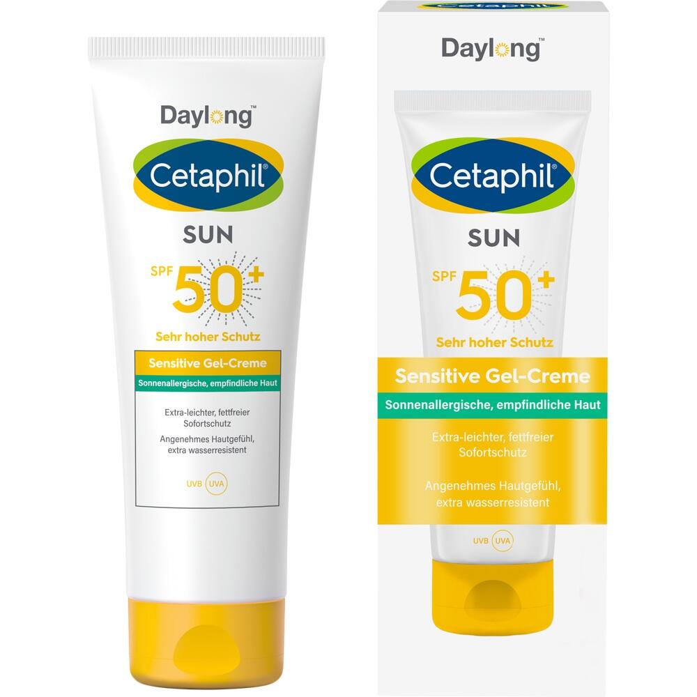 Eine Sonnencreme mit SPF 50+ f&uuml;r empfindliche Haut in einer wei&szlig;en Tube mit gelbem Deckel.