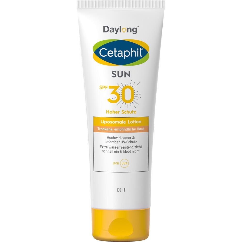 Weiße Sonnencreme-Tube mit gelber Kappe und blauer Aufschrift "Cetaphil SUN SPF 30".