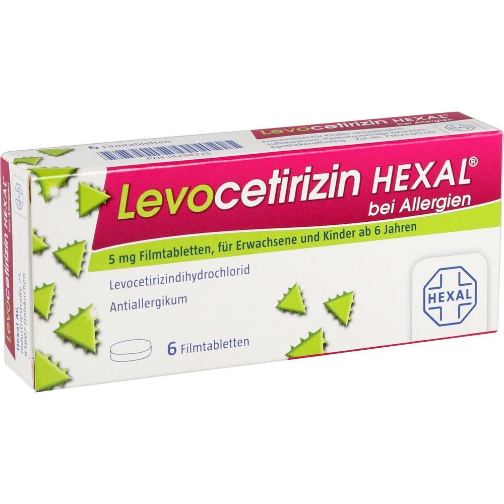 Packung von Levocetirizin Hexal Tabletten gegen Allergien.