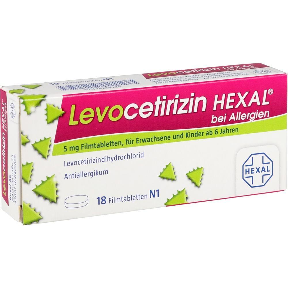 Packung von Levocetirizin HEXAL Allergietabletten f&uuml;r Erwachsene und Kinder ab 6 Jahren.