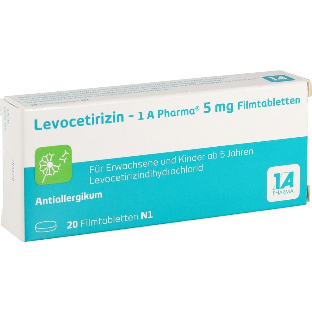 Eine Packung Levocetirizin 5 mg Filmtabletten, ein Antiallergikum f&uuml;r Erwachsene und Kinder.