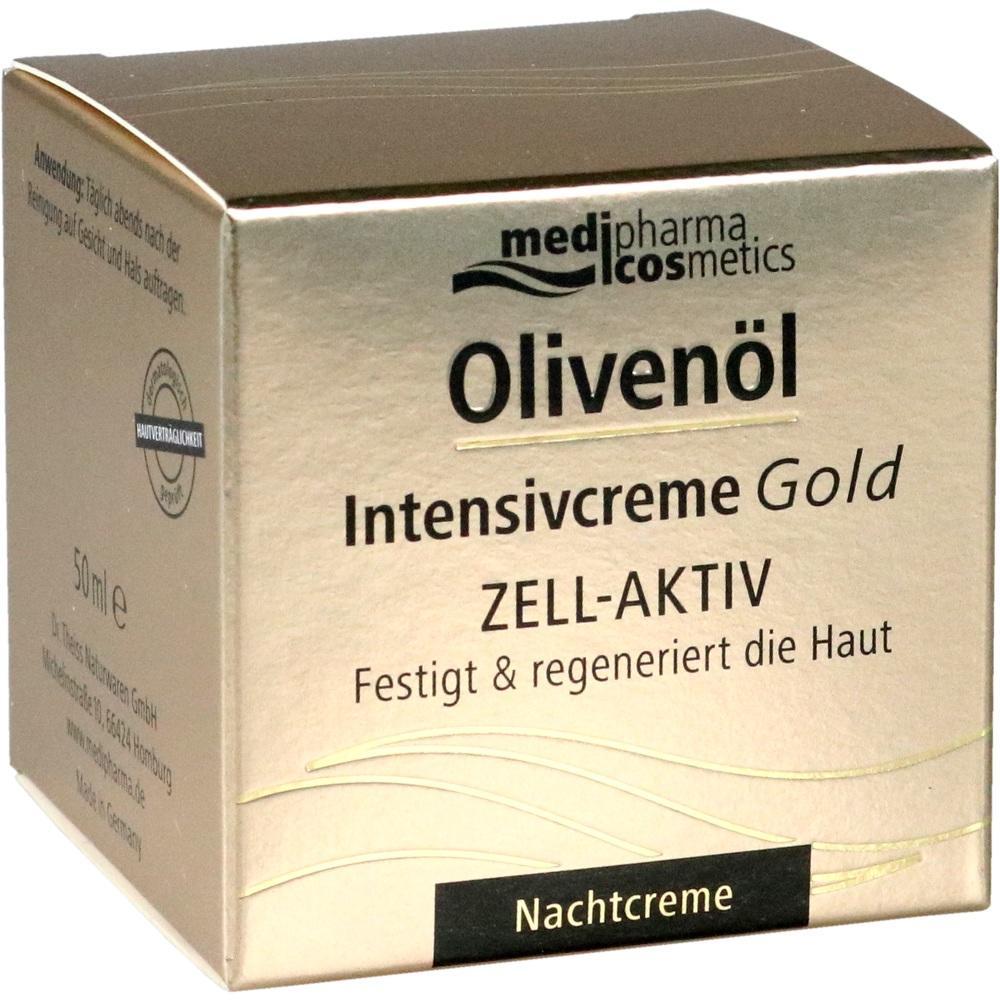 Goldene Verpackung einer Oliven&ouml;l-Intensivcreme f&uuml;r die Nachtpflege.