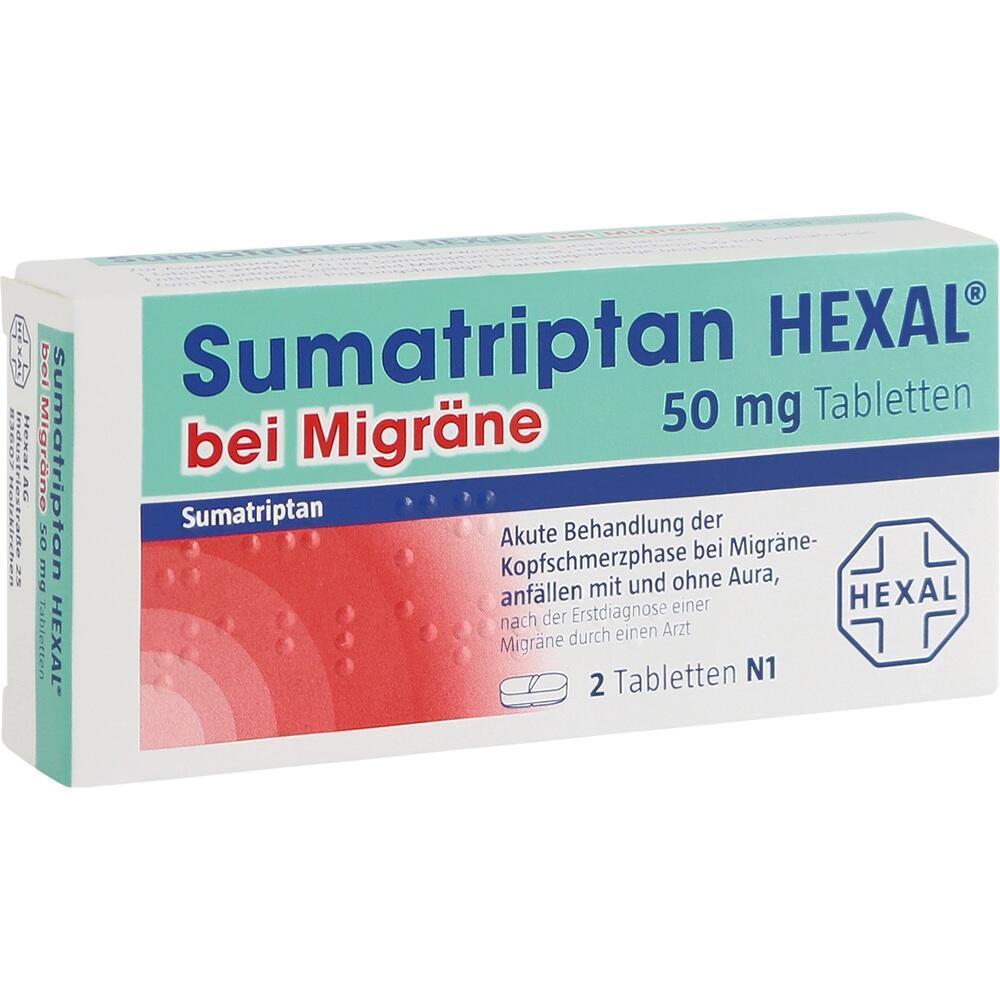 Verpackung von Migr&auml;nemedikament "Sumatriptan Hexal" mit 50 mg Tabletten.