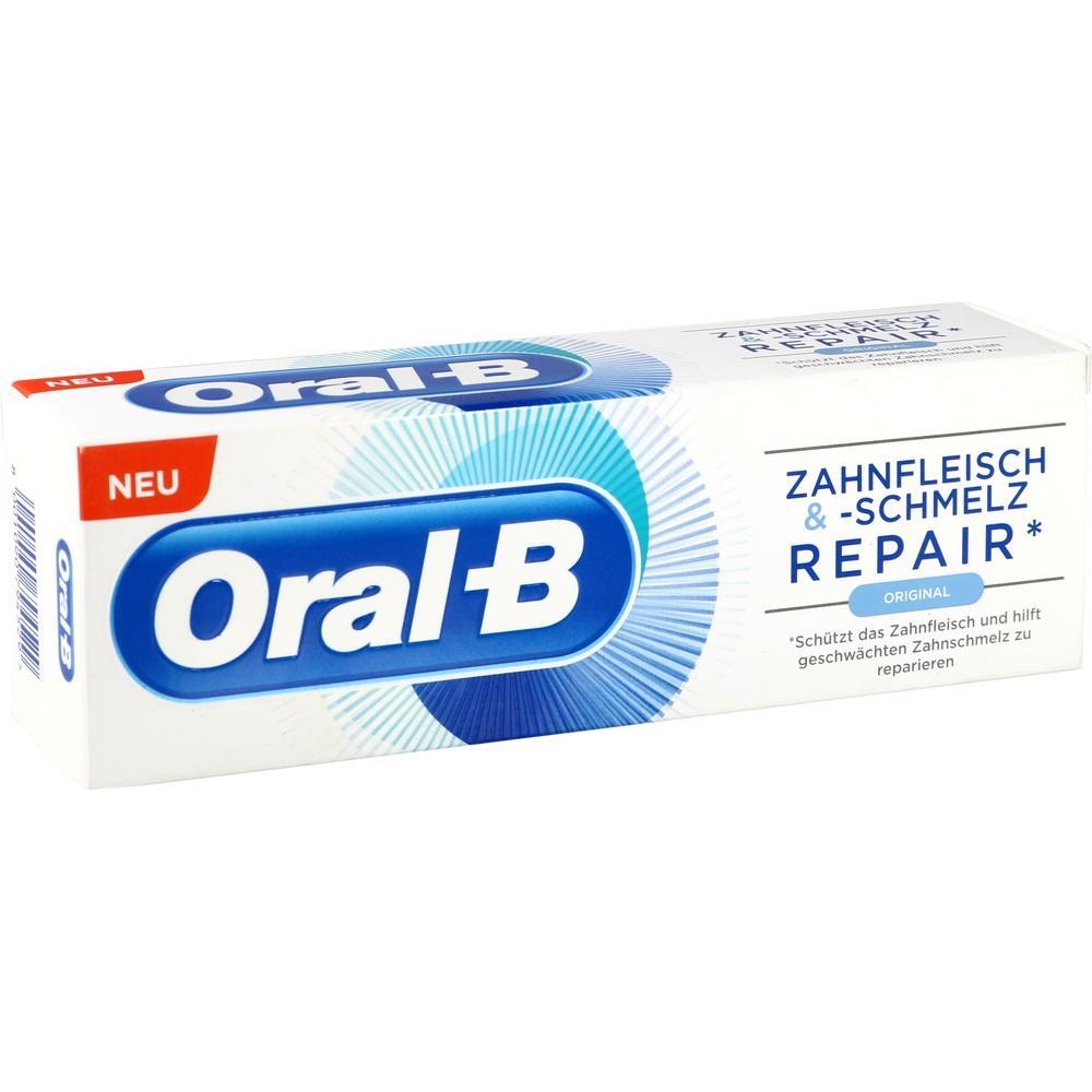 Eine Zahnpasta-Schachtel von Oral-B f&uuml;r Zahnfleisch- und Zahnschmelz-Reparatur.