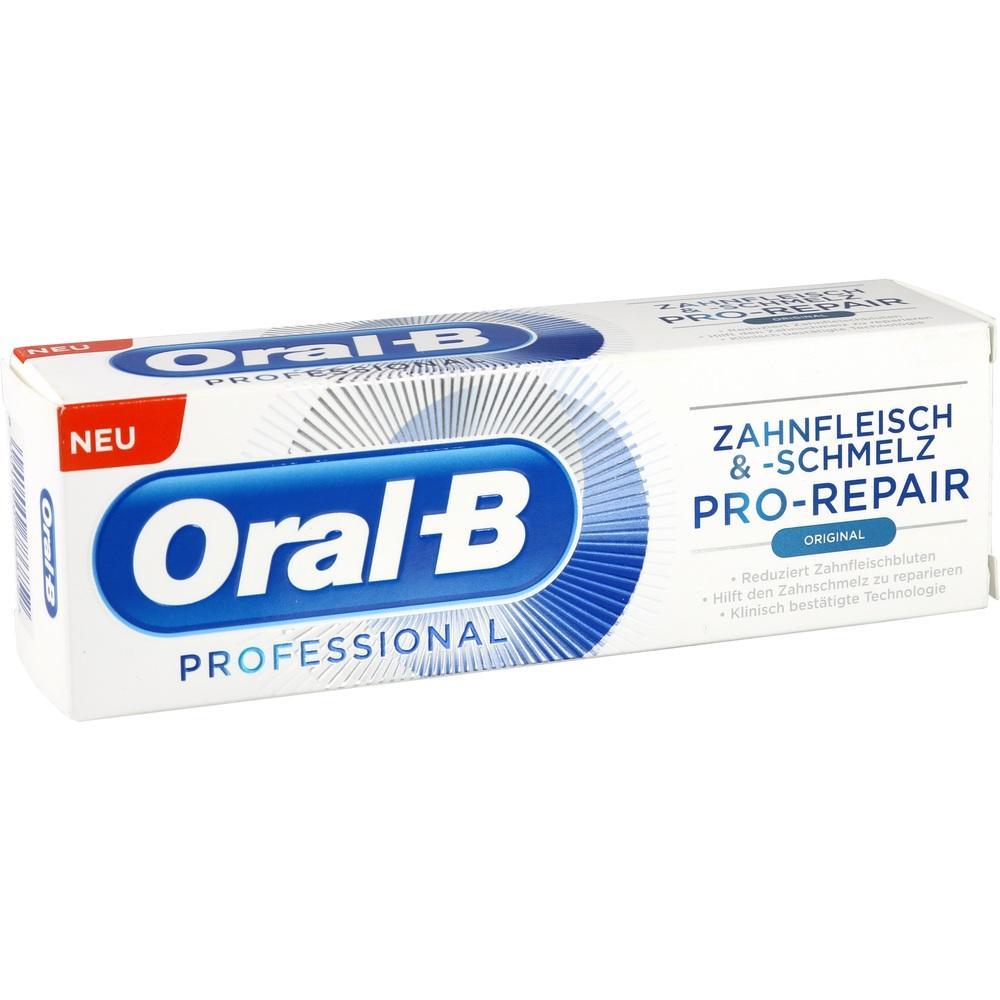 Wei&szlig;e Zahnpastapackung von Oral-B mit blauem Logo und Text.