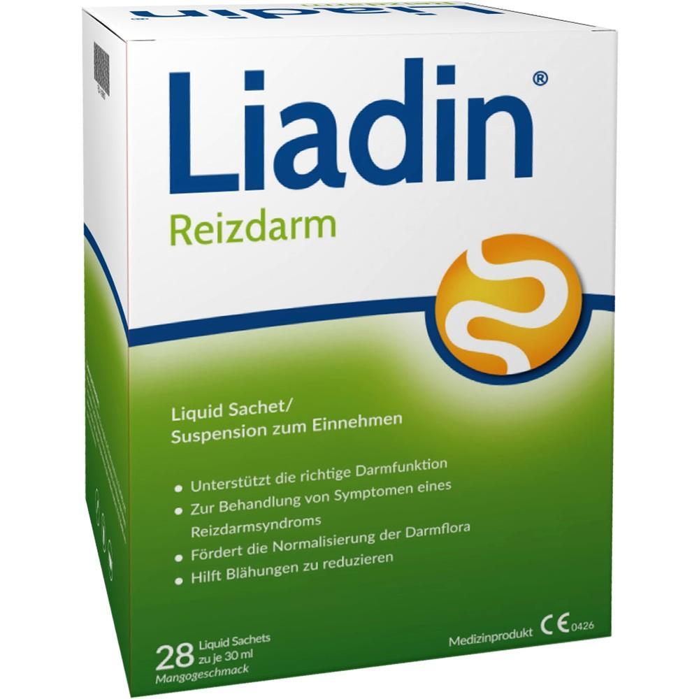 Verpackung von Liadin, einem Mittel gegen Reizdarm, zeigt Informationen und Logo.