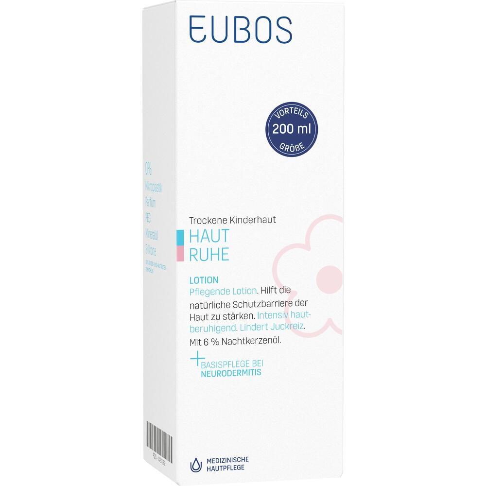 Wei&szlig;e Lotion-Verpackung f&uuml;r trockene Kinderhaut mit blauer Aufschrift "EUBOS".