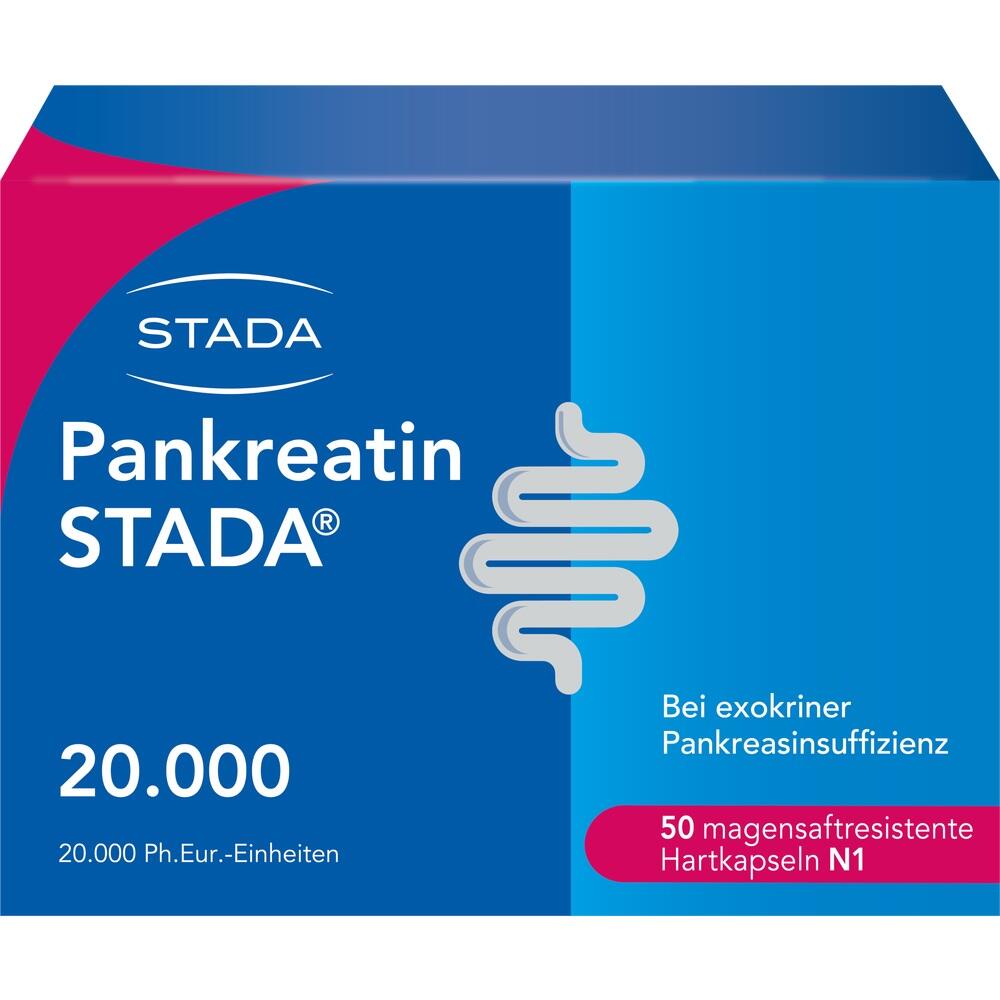 Eine blaue Packung mit Pankreatin-Kapseln von Stada.