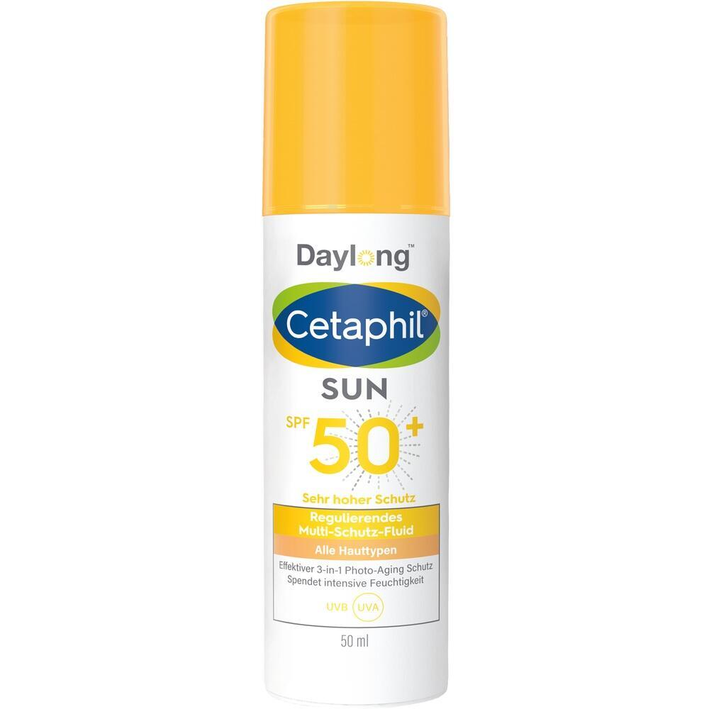 Wei&szlig;e Flasche mit gelbem Deckel und Schriftzug "Cetaphil SUN SPF 50+".