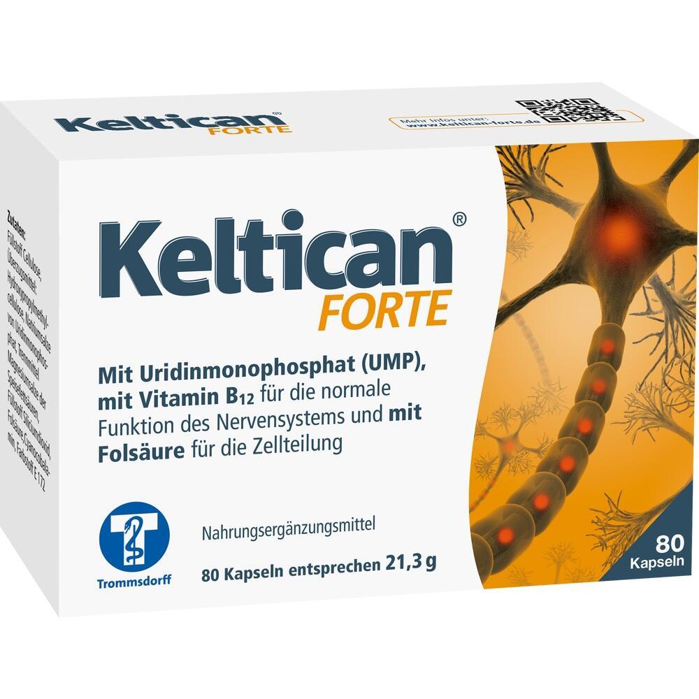 Eine Packung Keltican Forte mit 80 Kapseln als Nahrungsergänzungsmittel.