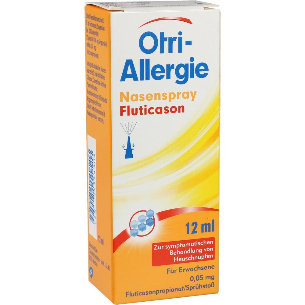 Verpackung eines Otri-Allergie Nasensprays mit 12 ml Inhalt zur Behandlung von Heuschnupfen.