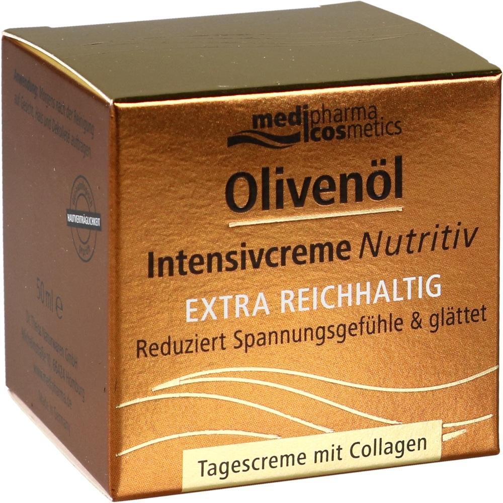 Goldene Verpackung einer Oliven&ouml;l-Intensivcreme, extra reichhaltig mit Kollagen.