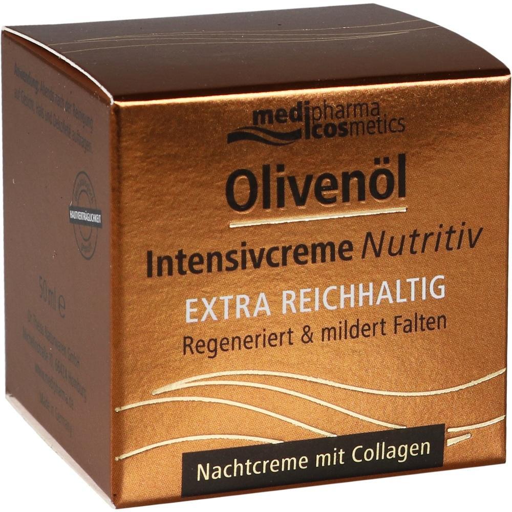 Goldene Verpackung einer Oliven&ouml;l-Nachtcreme mit Intensivcreme-Text.
