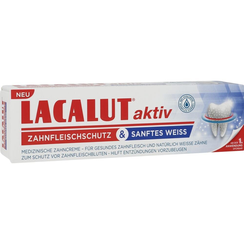 Eine Zahnpasta-Packung mit der Aufschrift "Lacalut aktiv" f&uuml;r Zahnfleischschutz.