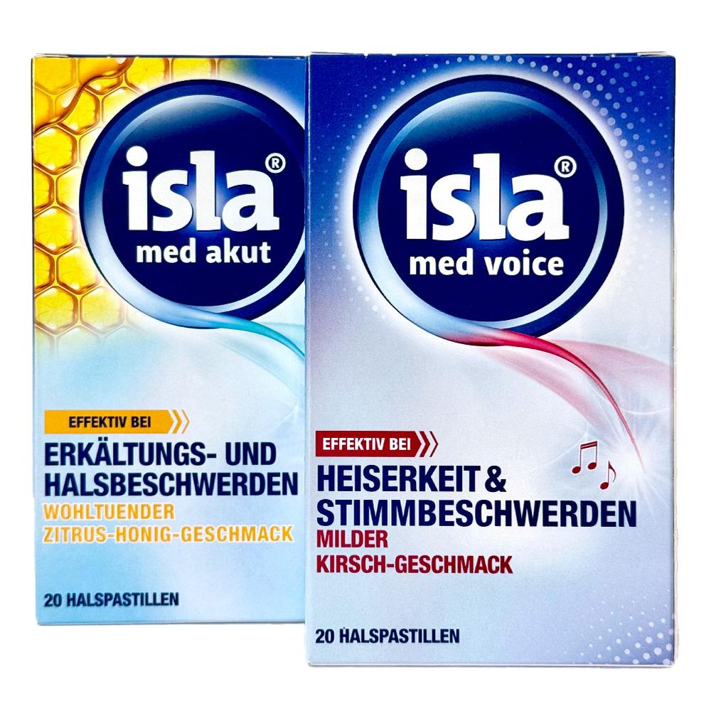 Zwei Packungen Halsbonbons f&uuml;r Erk&auml;ltungs- und Stimmprobleme, mit Zitrus-Honig und Kirschgeschmack.