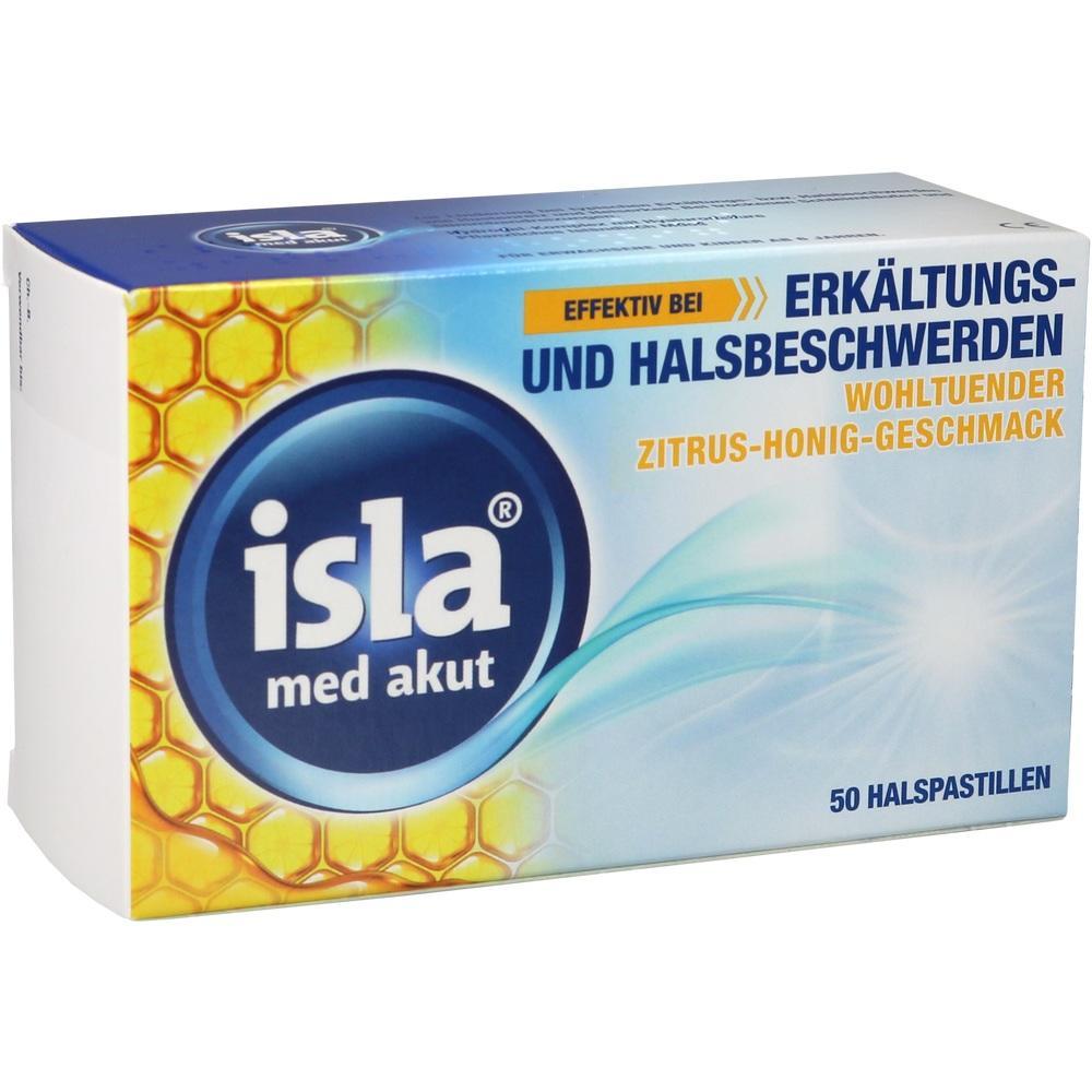 Eine Packung isla med akut Halspastillen mit Zitrus-Honig-Geschmack.