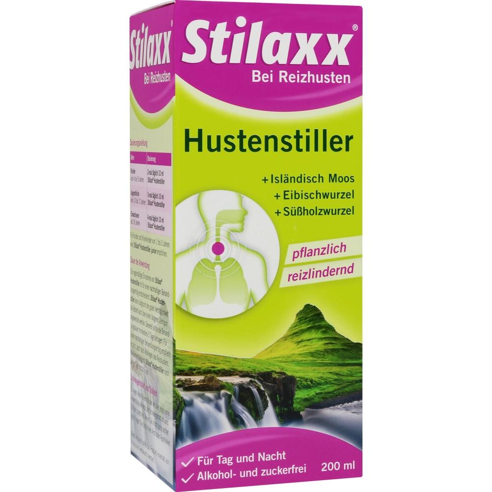 Eine Verpackung eines Hustenstillers mit Pflanzenzugaben und Naturmotiv.