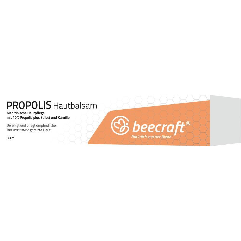 Eine weiße Tube Propolis Hautbalsam mit orangefarbenem Logo von beecraft.