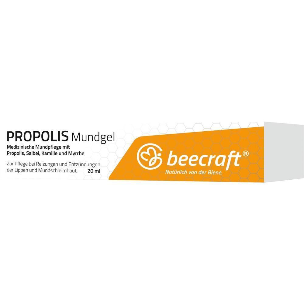 Weiße Schachtel mit Aufschrift "Propolis Mundgel" und orangem Logo mit Bienenmotiv.