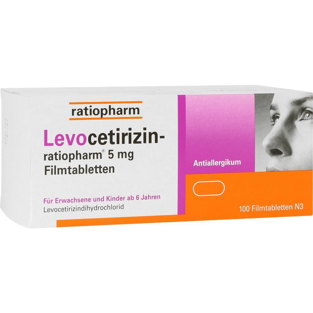 Verpackung von Ratiopharm Levocetirizin-Tabletten gegen Allergien.