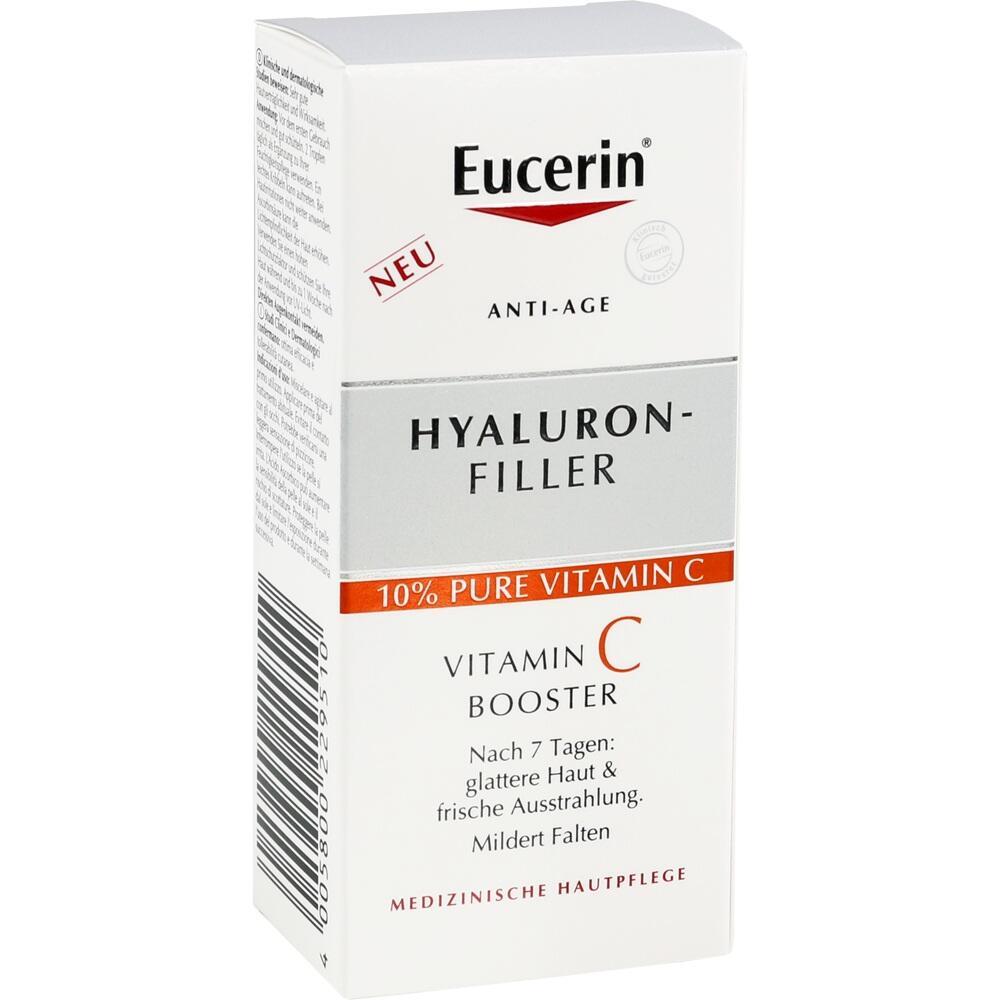 Eine wei&szlig;e Schachtel Eucerin Hyaluron-Filler mit Vitamin C Anti-Age-Produkt.