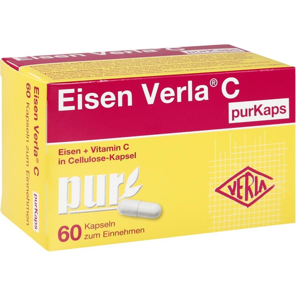 Gelbe Packung mit Eisen- und Vitamin-C-Kapseln, 60 St&uuml;ck von Verla.
