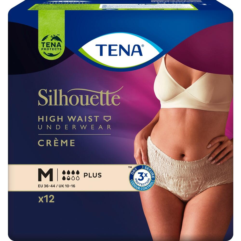 Verpackung von TENA Silhouette High Waist Unterw&auml;sche mit Bild einer Frau in Unterw&auml;sche.