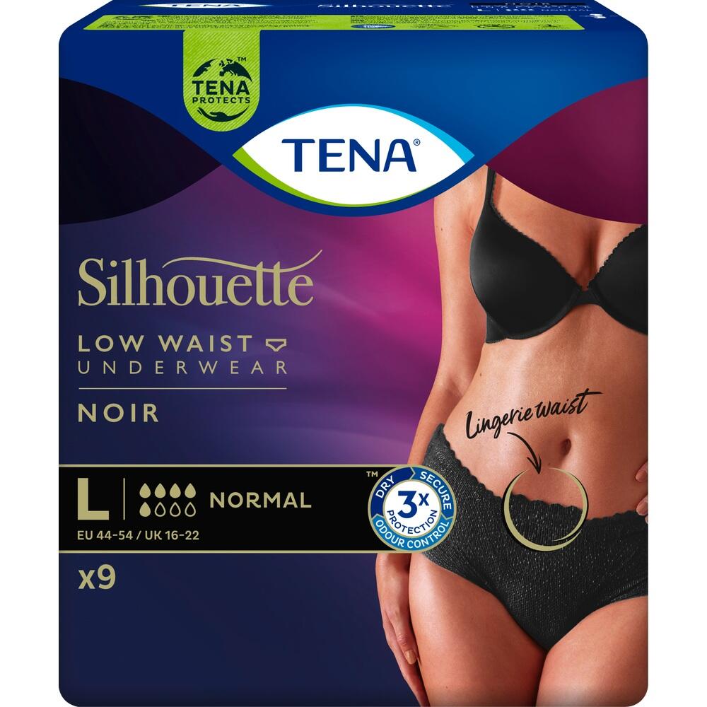 Die Verpackung zeigt schwarze Low-Waist-Unterw&auml;sche von TENA in Gr&ouml;&szlig;e L.