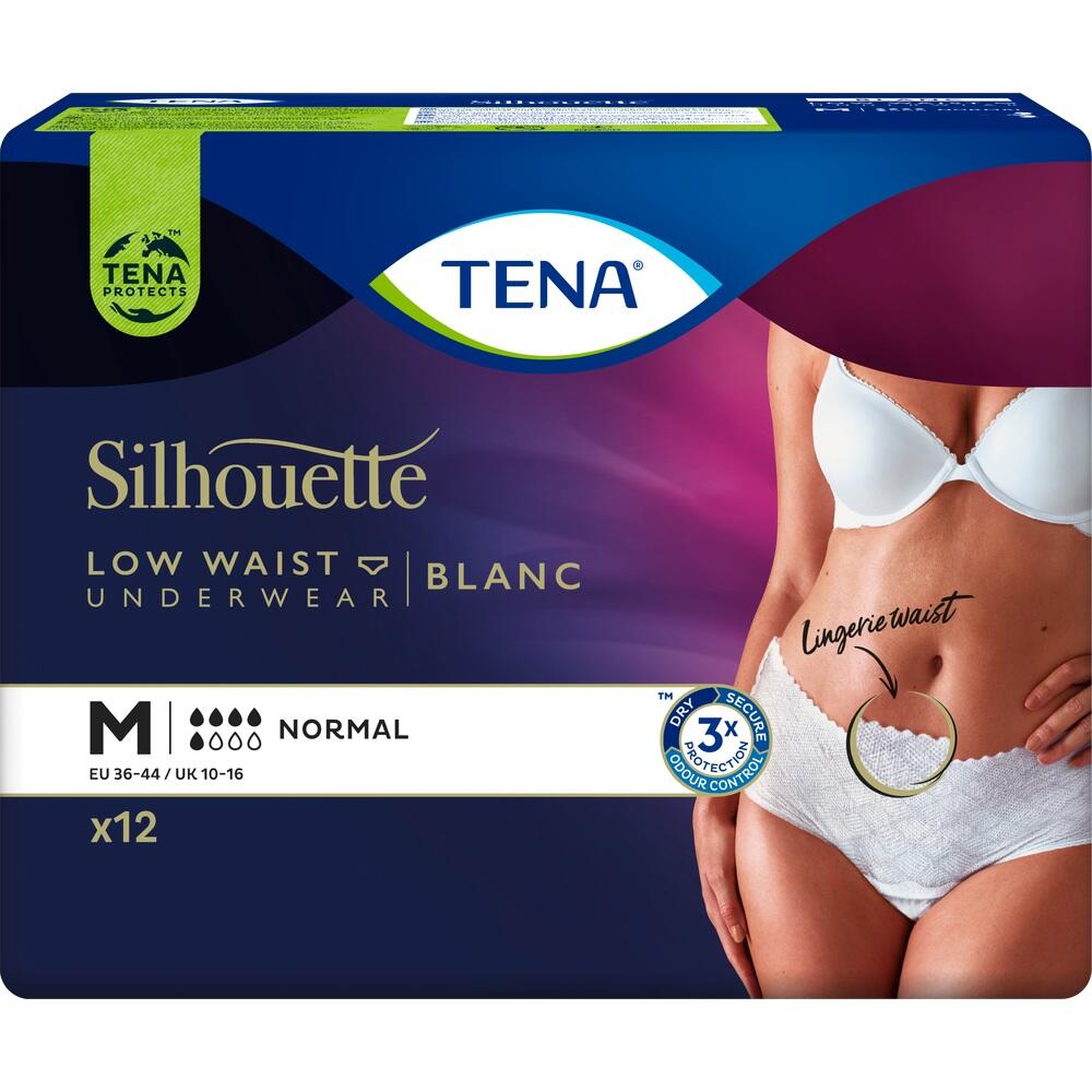 Verpackung von TENA Silhouette Unterw&auml;sche, Low Waist, Gr&ouml;&szlig;e M, mit Bild einer Frau in Unterw&auml;sche.