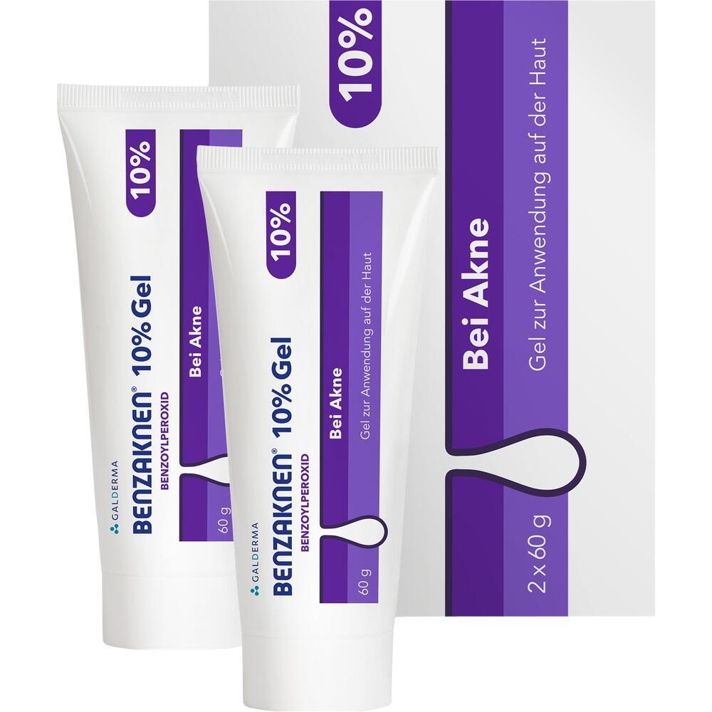 Zwei Tuben Akne-Gel mit violetter und wei&szlig;er Verpackung.