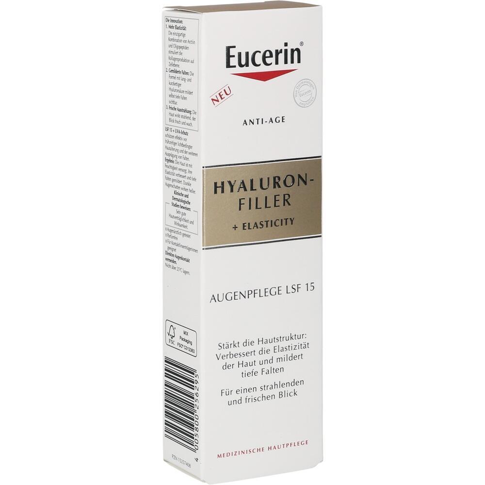 Wei&szlig;e Verpackung von Eucerin Hyaluron-Filler Augenpflege mit LSF 15.