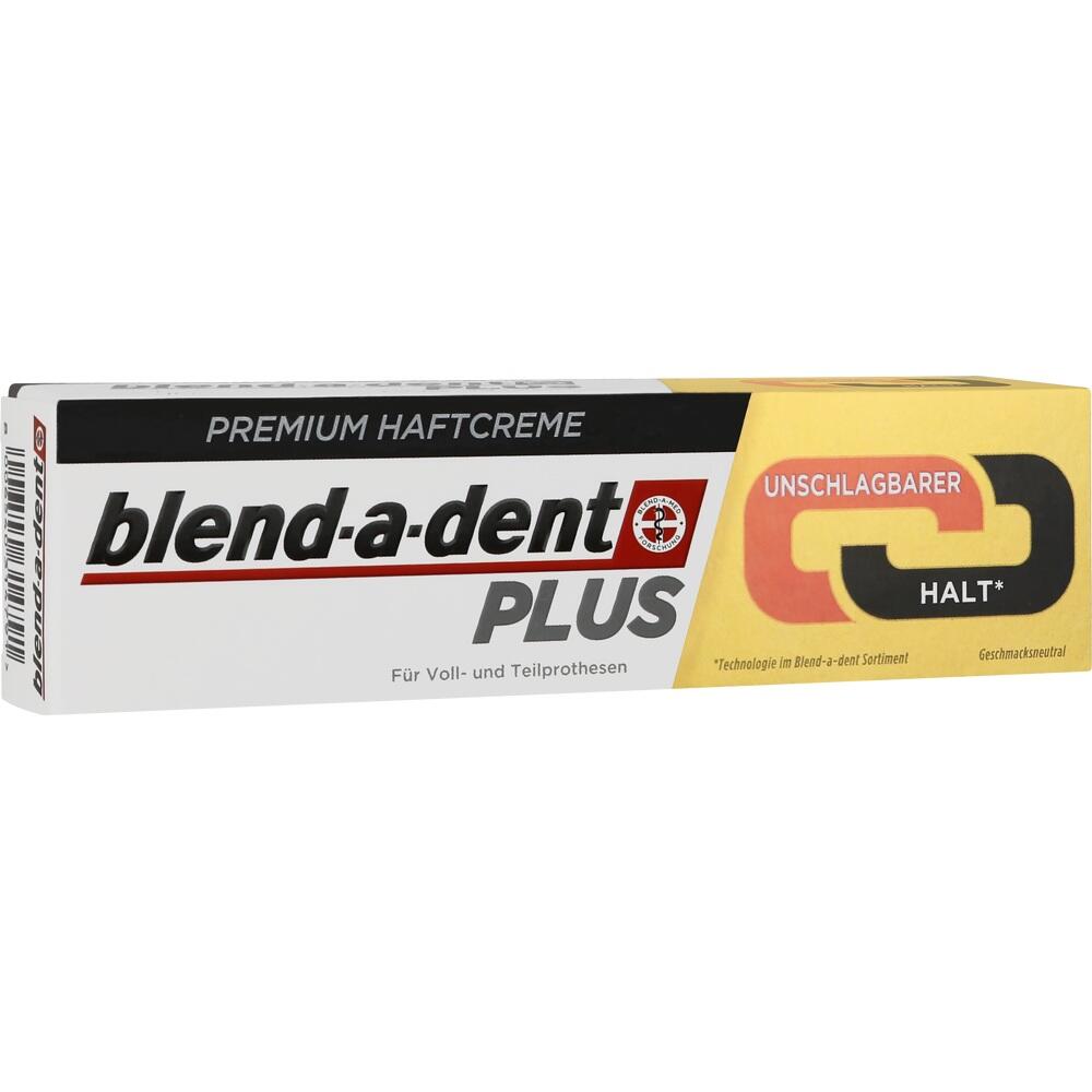 Eine Schachtel Blend-a-dent Haftcreme f&uuml;r Zahnprothesen.