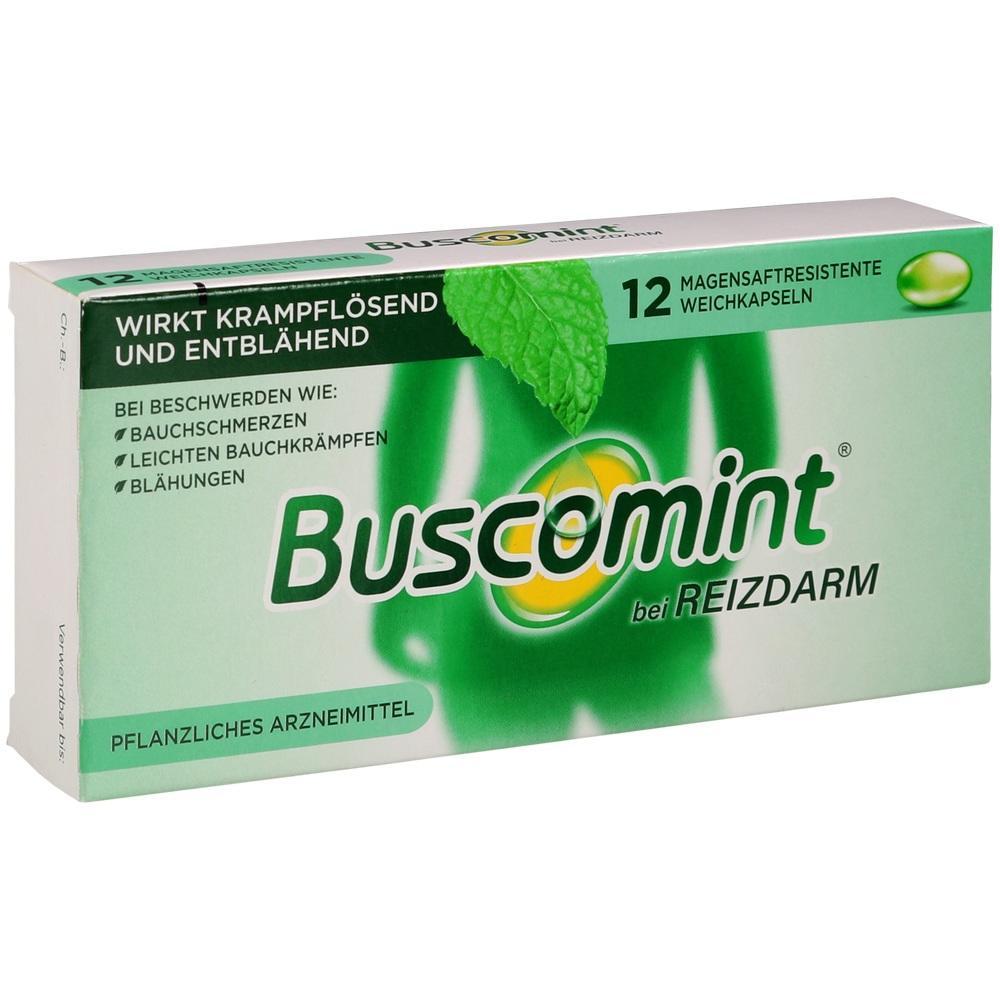Gr&uuml;ne Medikamentenverpackung "Buscomint" gegen Reizdarm und Bauchschmerzen.