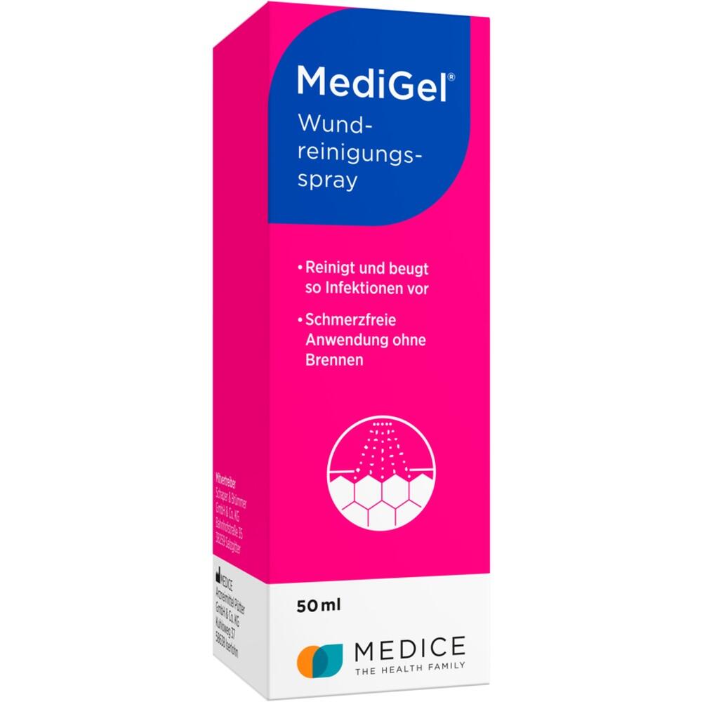 Rosa Verpackung von MediGel Wundreinigungsspray mit wei&szlig;em und blauem Text.